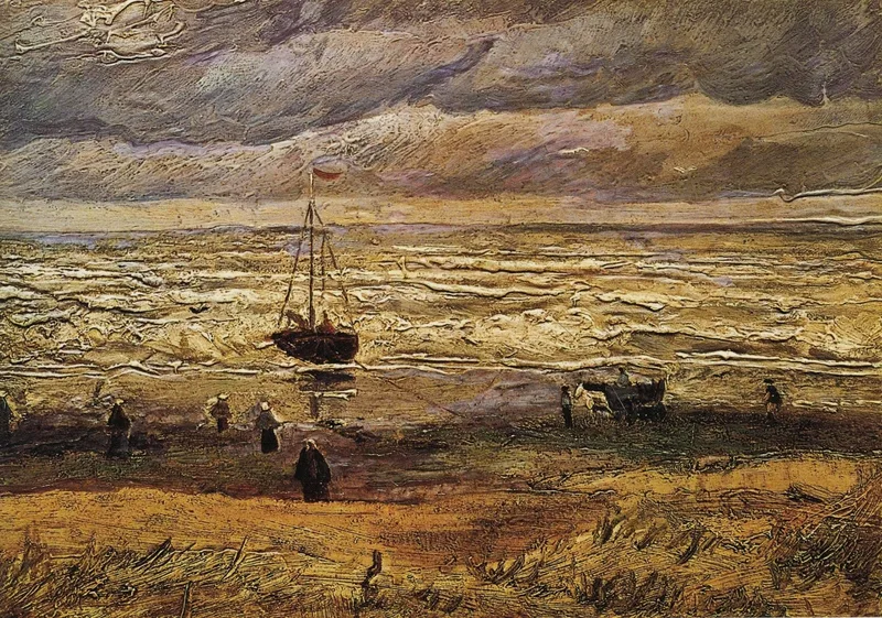 A gray, churning sea under heavy clouds, with a small sailboat flying a flag near the shore and tiny figures standing on the dark beach and dunes.