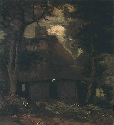 Cottage with Trees and Peasant Woman by Vincent van Gogh