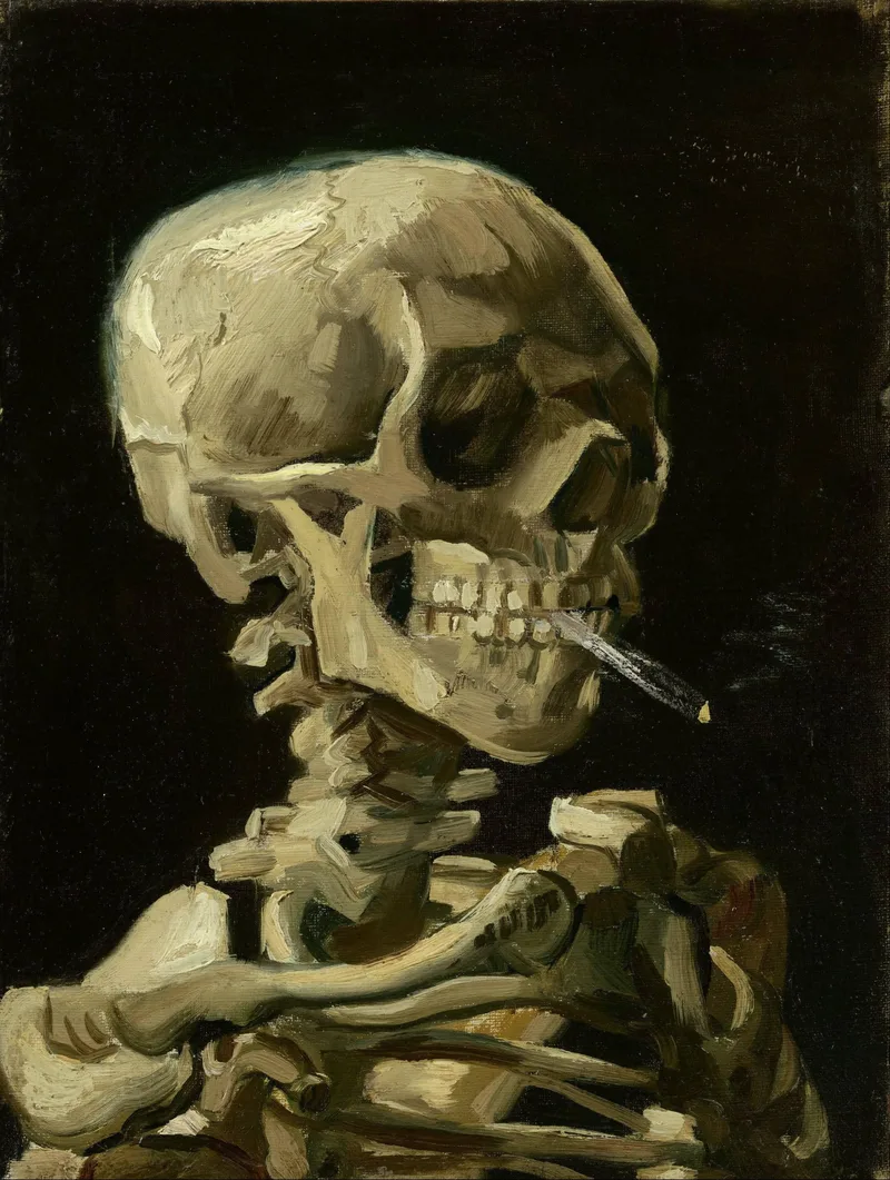 A skull and upper spine on a black background, with a lit cigarette sticking out of the jaw.