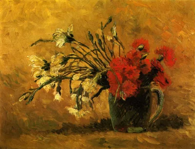Vase with Red and White Carnations on a Yellow Background by Vincent van Gogh