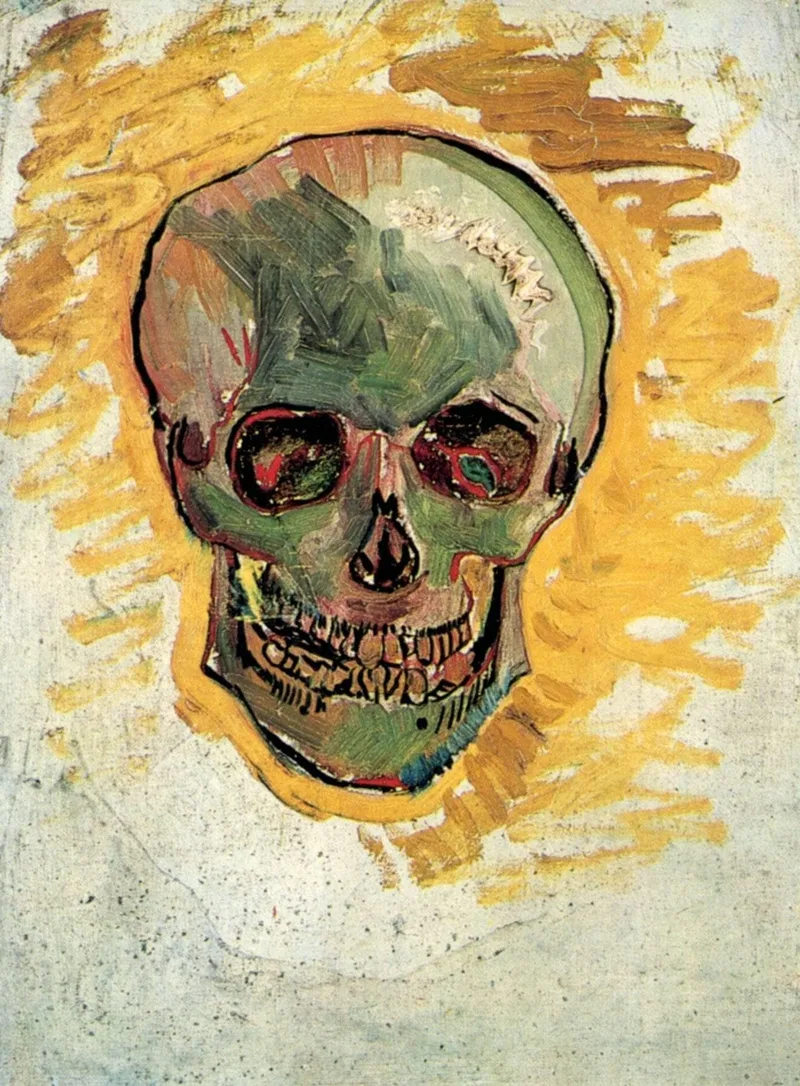 A frontal skull with a green and brown face, dark eye sockets and bared teeth, framed by a bright yellow halo of brushstrokes.