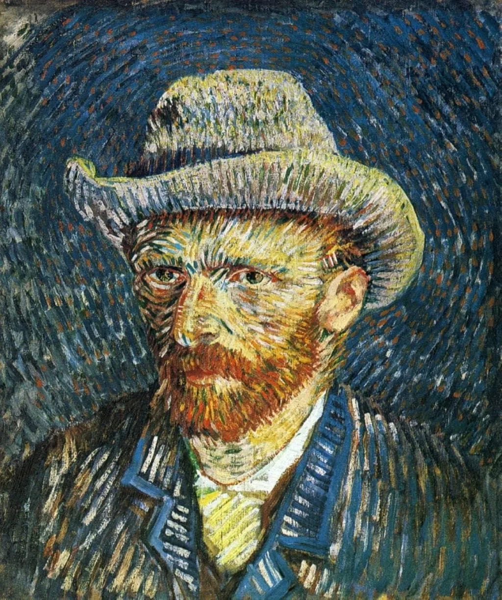 A bearded man with red hair, a grey felt hat and a blue jacket, painted in short, directional strokes of orange, blue and yellow that swirl around his head like a halo.