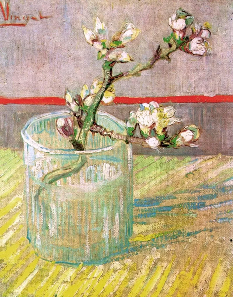 A single almond twig with pink-white blossoms stands in a clear water glass on a pale yellow table; a horizontal red line crosses the wall behind it, and the signature Vincent is painted in red at upper left.