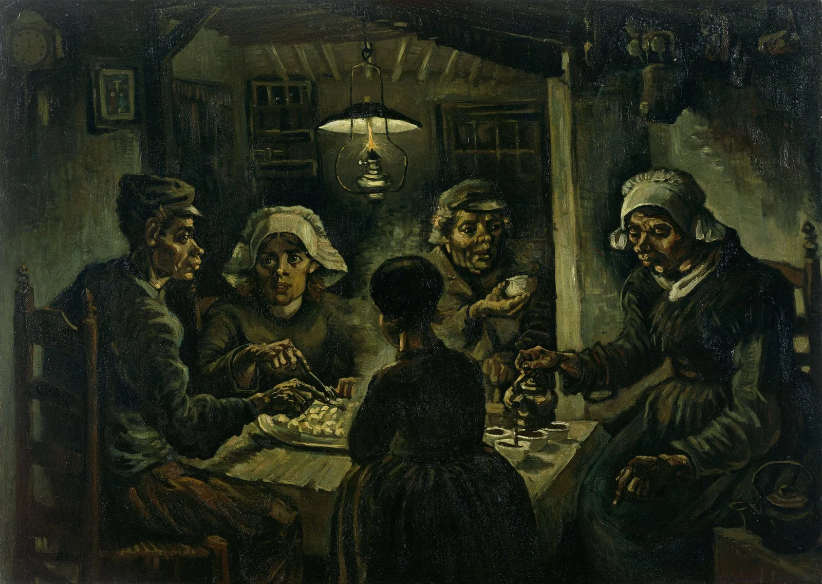 Five peasants sit around a small table under a hanging oil lamp in a dark room, eating potatoes from a dish and pouring coffee, painted in muddy greens and browns.