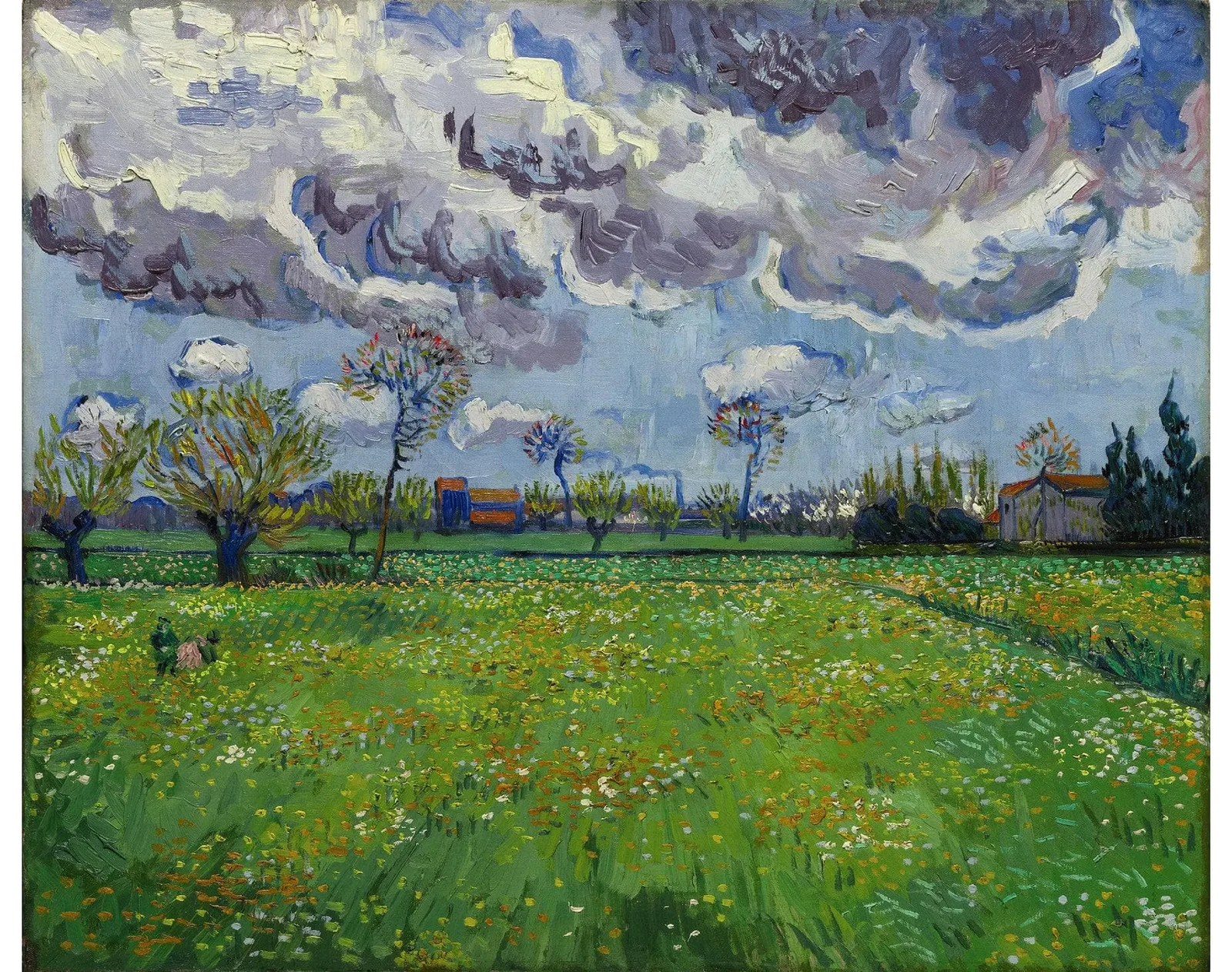 A green meadow scattered with white and yellow flowers stretches to a line of trees and farm buildings under a heavy sky of grey and white clouds.