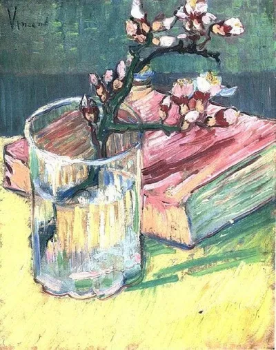 Blossoming Almond Branch in a Glass with a Book by Vincent van Gogh