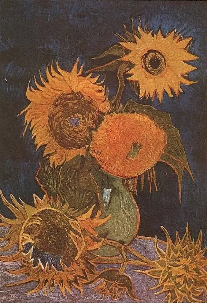 Five sunflowers in a vase against a dark blue ground: three large blooms with orange petals and two seed heads drooping at the bottom.