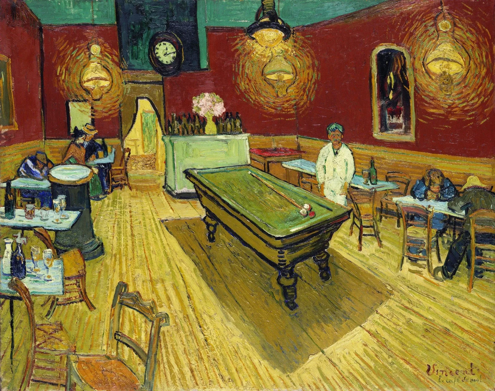 A café interior with a green billiard table in the middle, a man in white standing beside it and a few customers at tables, under yellow gas lamps, with red walls and a green ceiling.
