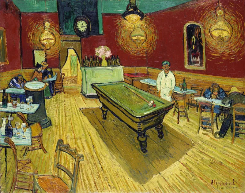 A nearly empty café at night with a green billiard table in the center, a white-coated man standing beside it, red walls and glowing yellow lamps, and a few patrons slumped at tables.