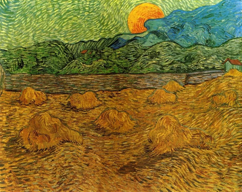 A huge orange moon rising over blue hills behind a field of golden wheat sheaves, with swirling green and yellow brushstrokes.