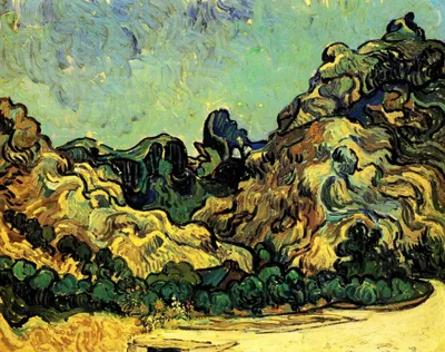 Mountains at Saint-Remy with Dark Cottage by Vincent van Gogh