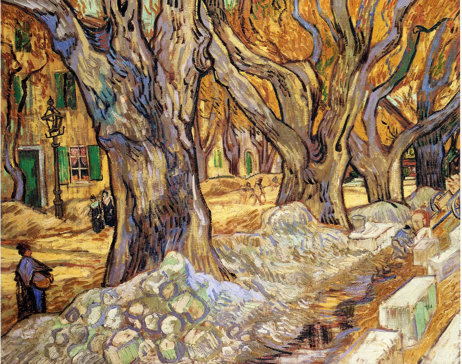 Huge plane trees with twisting pale trunks line a village street where the pavement is torn up into heaps of sand and stones; a woman with a basket walks at left under yellow autumn leaves.