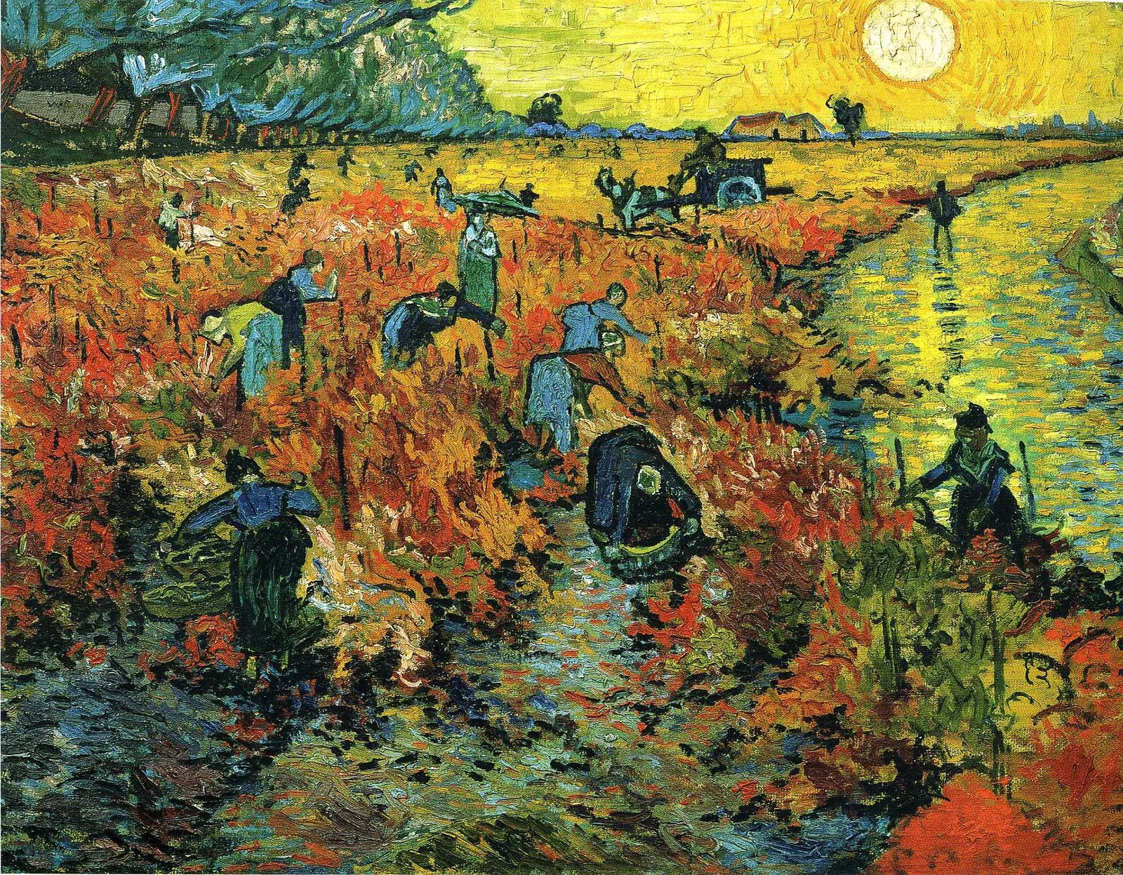 Workers in blue and green gather grapes in a red and orange vineyard beside a river, under a yellow sun low on the horizon.