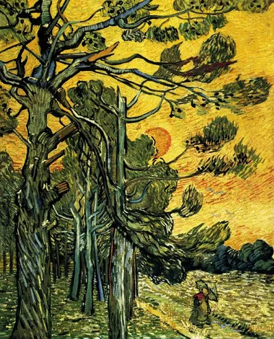 Pine Trees against a Red Sky with Setting Sun by Vincent van Gogh