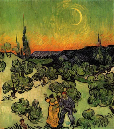 Landscape with Couple Walking and Crescent Moon by Vincent van Gogh