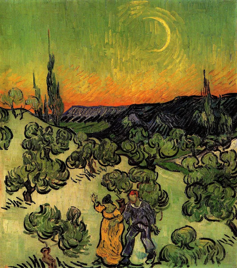A man in blue and a woman in a yellow dress walk hand in hand through green olive trees under a crescent moon and an orange sunset sky, with tall dark cypresses behind them.