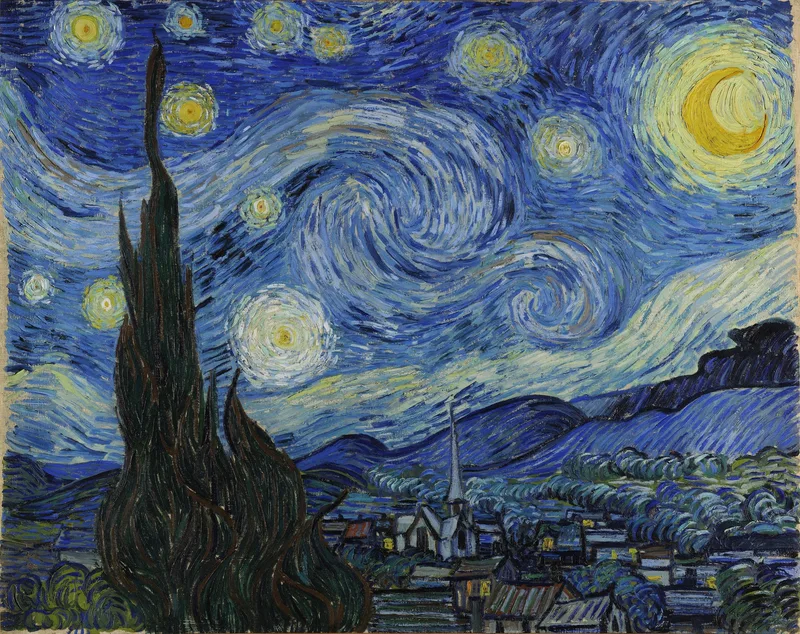The Starry Night: a cypress at left, a village under a spired church, and a sky of spiralling blue and yellow.