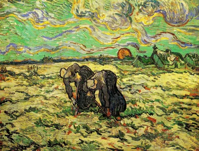 Two Peasant Women Digging in Field with Snow by Vincent van Gogh