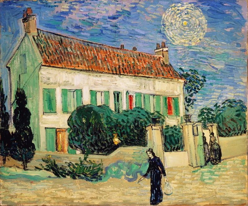 A white house with a red-tiled roof and green shutters behind a hedge and gate, a dark figure walking in the foreground, under a blue sky with a pale haloed star.