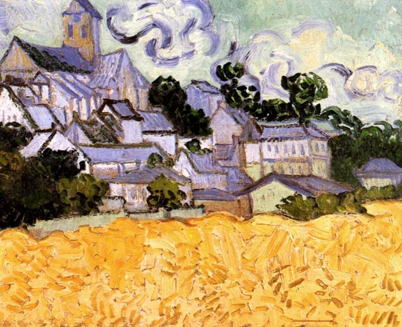A pale church with a tower rises over clustered roofs and dark green trees, above a thick field of golden wheat under a blue-green sky with swirling white clouds.