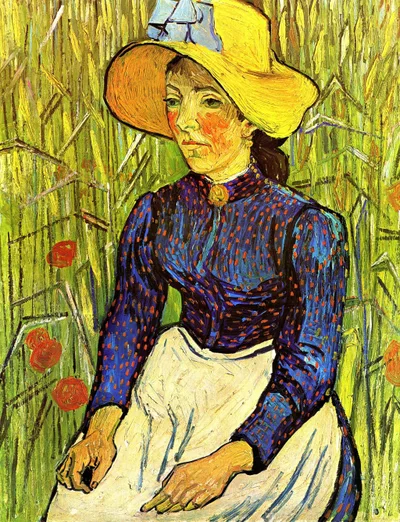 Young Peasant Girl in a Straw Hat sitting in front of a wheatfield by Vincent van Gogh